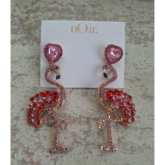 nOir Jewelry - Noir Pink & Red Crystal Flamingo Dangling Stud Earrings